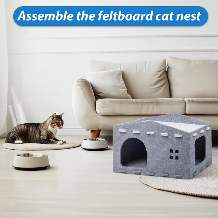 Кішка Будиночок з Фельту, Лежанка для Кішки - Знімний Будиночок, Теплий та Зимостійкий, Захист Кігтів, 52 x 32 x 31 см, Сірий