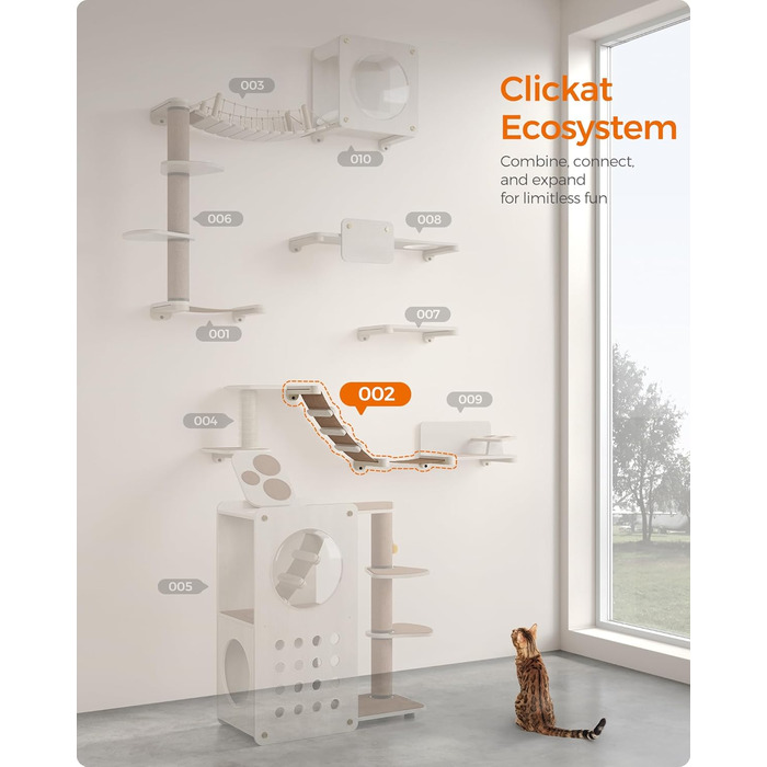 Кігтеточка Feandrea Clickat Collection 006 - висока, стійка, настінна, з 2 сидіннями, діаметр 10.4 см, швидка збірка, розширювана, гамак для котів (L-002)