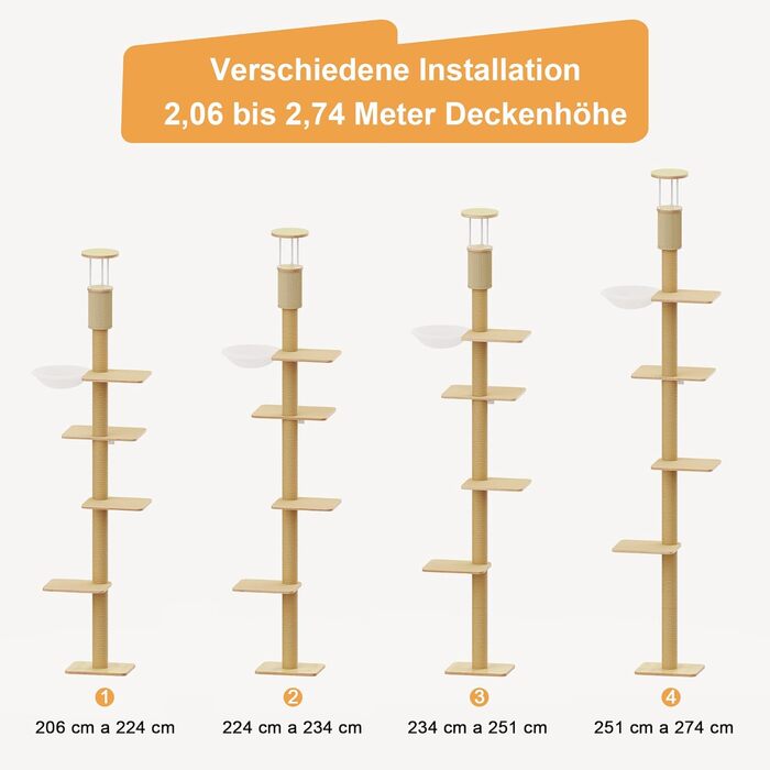 Драбина-кіготь для котів FUKUMARU, 4 яруси, до стелі (251-274см), кріпиться до стіни, з джутової тканини та зручною гамаком, бежева