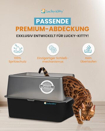 Котлочистка Lucky-Kitty Edelstahl 60x40x20 см з кришкою | XXL, не пропускає запахи, чорна | Котлочистка для котів, не витікає