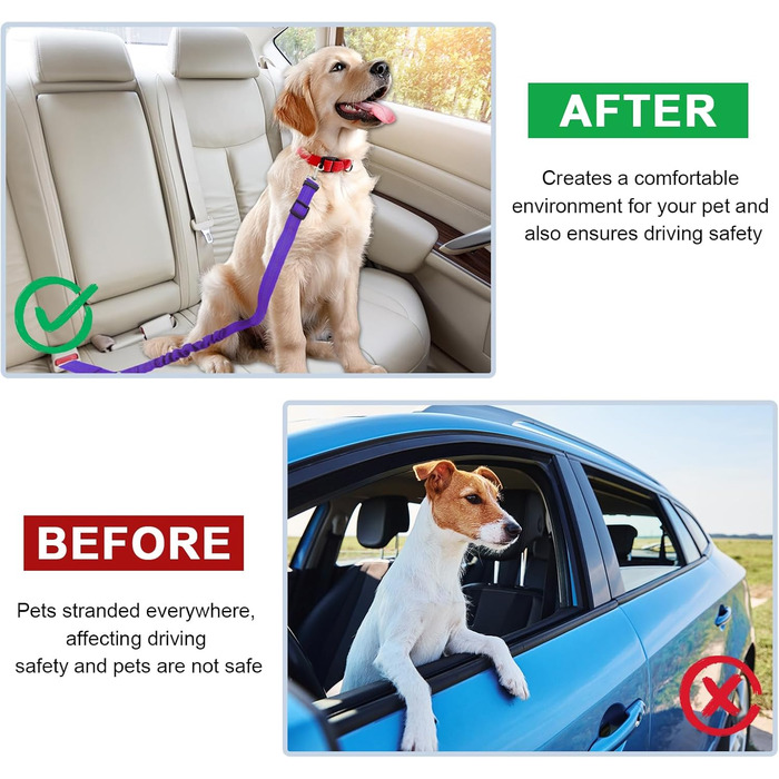 Ремінь безпеки для собак у машину, подвійний, еластичний, регульований, з амортизатором та карабіном для маленьких та середніх собак (фіолетовий)