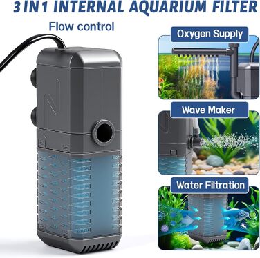 EXLECO Фільтр для акваріума 1.1M, внутрішній фільтр з 2 змінними губками, регульований фільтр для акваріумів об'ємом 20-50л, помпа-фільтр для акваріумів з розпилювачем (6W 600L/H)