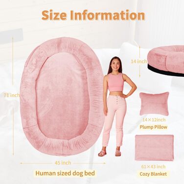 Ліжко для собак та людей NESTROAD, 180x114x35 см, рожеве. Зручне ліжко-мішок з штучним хутром, ковдрою та подушкою.