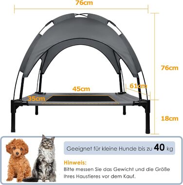 Підвищене ліжко для собак UISEBER 92x76x92 см, Outdoor з дахом, для великих собак до 50 кг, водонепроникне, сіре + чорне