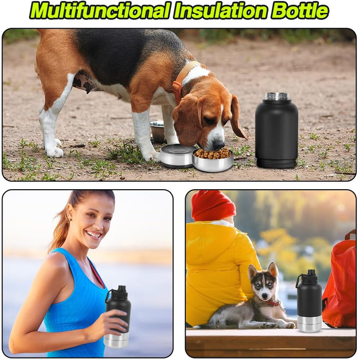 Водяна пляшка для собак на ходу, 950 мл, з мискою для їжі та води, ізольована, нержавіюча сталь, чорна
