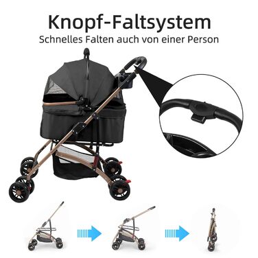 Візок для собак 3-в-1, складний, для маленьких собак та котів, знімний кошик, сітка-вікно, оксфордська тканина, до 20 кг (Чорний)