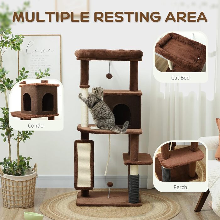 Котячий комплекс PawHut 132 см з когтеточкою, платформами, кулями та килимком, коричневий (55x44x132 см)