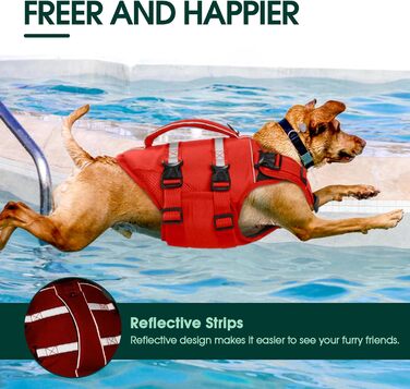 Жилет рятувальний для собак великих порід Kuoser, червоний XL. Рятувальний жилет з ручкою та світловідбиваючими елементами, регульований, покращений плавучість