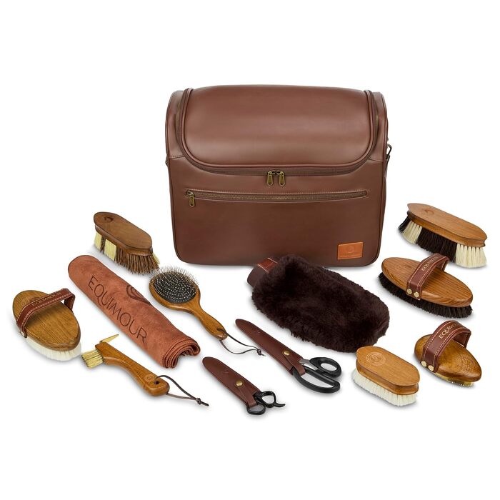 Набір для догляду за конем (12 предметів) – повний комплект для чищення коней: щітка-кардаш, щітка для гриви, копитачка, стрігач, гребінець для гриви та сумка – високоякісний набір для стайні та турнірів