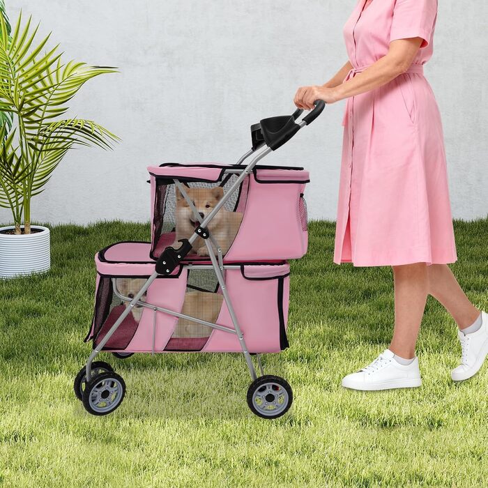 Двоярусний візок для домашніх тварин для маленьких та середніх собак та котів - Легкий транспортний візок-бугі для собак з 2 рівнями для прогулянок, подорожей та активного відпочинку на природі, до 20 кг (Рожевий)