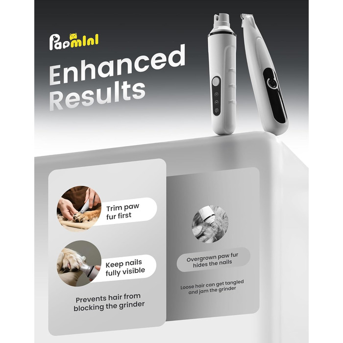 PAPMINI 2-в-1 триммер для когтів та стрижка когтів для собак, безшумний, акумуляторний, для великих, середніх та маленьких собак, білий