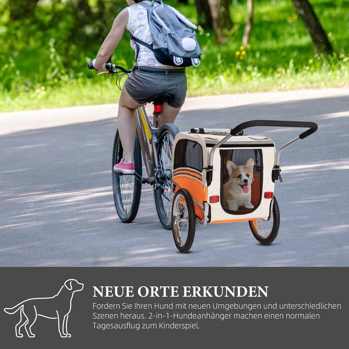 Причеп-трансформер для собак 2-в-1 для велосипеда та бігу – для собак до 30 кг, з гальмами, сигнальним прапором, для активного відпочинку та дому, легкий у збиранні (Помаранчевий)
