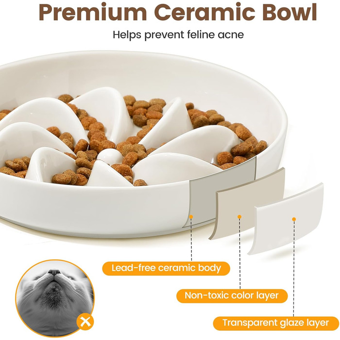PETTOM Миска для котів протиковзаюча, піднята, керамічна, для повільного годування, біла. Підходить для котів та маленьких собак.