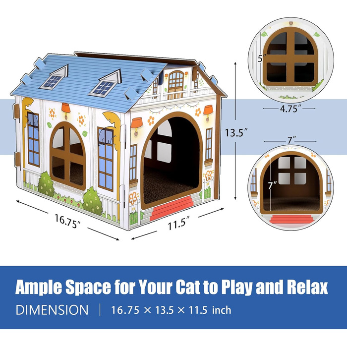 Будиночок для котів SEKAM з картону з котячою м'ятою, 41.8 x 30.5 x 33 см, іграшка-будиночок для котів, котяче дряпальний засіб, іграшка для дня народження, притулок для кошенят та маленьких тварин Oceanside Villa