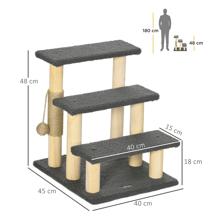 PawHut 3 сходинки Cat Stairs 48H см Сходи для домашніх тварин з тедді тканиною для маленьких кішок сірого кольору, ідеально підходять для людей похилого віку та дрібних порід