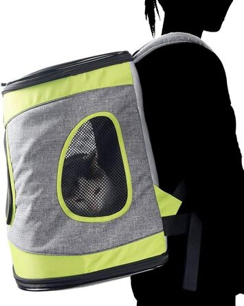 Складана переносна переносна коробка для собак та котів. Транспортна сумка для авто та авіаперельотів. Рюкзак для тварин, сірий та техно-зелений.