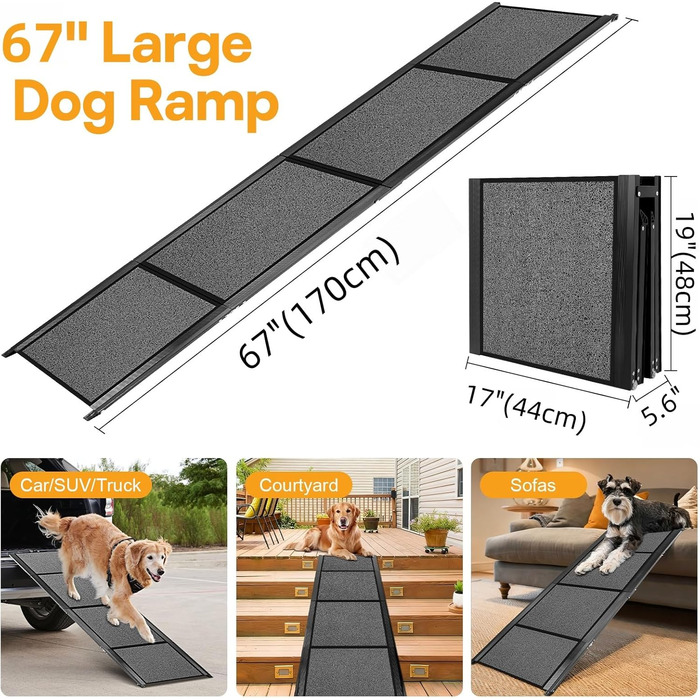Рампа для великих тварин, 170.2 см x 43.2 см, розкладна, алюмінієва, з водонепроникним килимком, до 113 кг, для великих собак, підходить для SUV