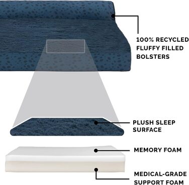 Ліжко для собак Furhaven великого розміру з ортопедичним матрацом, стиль дивана, знімний чохол, велике (135 x 102 x 24 см, блакитно-горіховий)