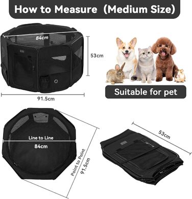 Складаний вольєр для цуценят Petsfit M чорний, знімний верх і низ, поп-ап вигул для собак, котів, кроликів, із блискавкою