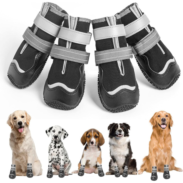 Водонепроникні чоботи для собак з світловідбиваючими ремінцями, захист лап, антиковзка гумова підошва, для малих, середніх та великих собак (S, чорний, водонепроникний)