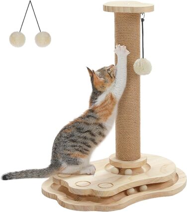 Інтерактивна іграшка для котів PETEPELA з подряпальним стовпчиком у формі ракети, коліщата з кульками, пір'їна, з масиву дерева, багатофункціональна