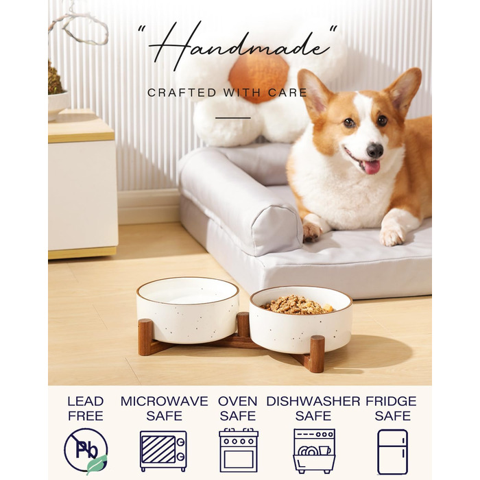 Набір мисок для собак Getstar з кераміки на підставці з акації, 887 мл, 2 шт, з кольоровим обідком
