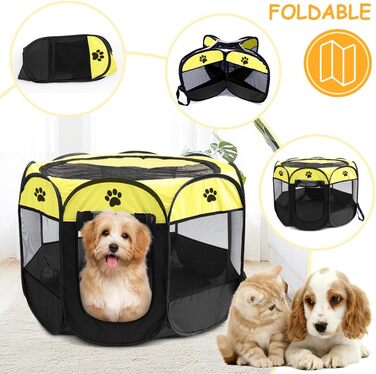 Клітка-забіг для цуценят та тварин, 74x74x43 см. Клітка-вольєр для собак, котів, кроликів та дрібних тварин для використання в приміщенні та на вулиці (жовта, восьмикутна)