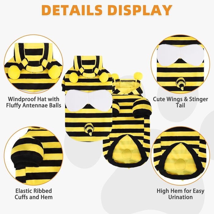 Костюм для собак Kooltail, Бджола, Теплий пуловер з капюшоном, Костюм для домашніх тварин, Cosplay, Тепла куртка з отвором для повідка, Жовта бджола, Розмір Medium