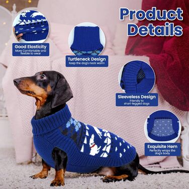 Пуловер для собак Лелепет для такс, в'язаний пуловер з візерунком такси, теплий пуловер для великих собак з високим коміром, зимовий пуловер, зелений (XL, синій)