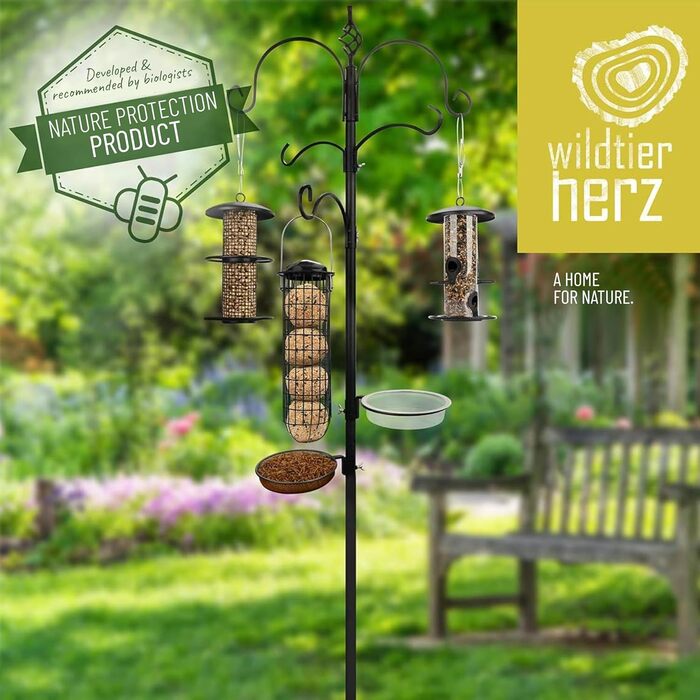 Станція для підгодівлі птахів wildtier herz Premium 235 см, метал, чорна, комплект: годівниці для зерна, арахісу, піддон та тримач для кульок синиць