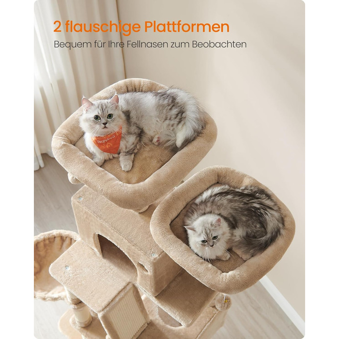 Великий котячий комплекс Feandrea з 13 стовпчиками для дряпання, 2 платформами, 2 печерами, гамаком та кошиком, 168 см, PCT165W01 (XXL, бежево-коричневий)