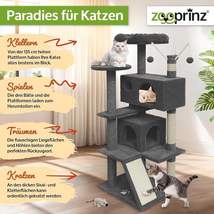 Zooprinz Преміум Котячий Дерево XXL для великих і малих котів, з товстими сизалевими стовпами, ігровою печерою, гамаком, м'ячиками, канатом і плюшевою мишею, темно-сірий