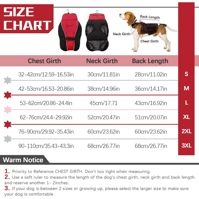Водонепроникний зимовий одяг для собак: тепла куртка для маленьких, середніх та великих собак. Зимовий одяг для Лабрадора, Чихуахуа, Французького бульдога. З безпечними світловідбиваючими смугами. Червоний колір.