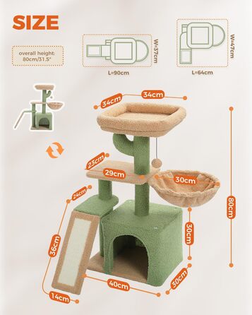 Дряпка для котів PAWZ Road Кактус з гамаком, кошиком і лежаком, зелена, 80 см, для маленьких котів