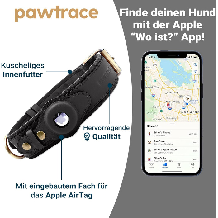 Шкіряний нашийник для собак PawTrace з тримачем для Apple AirTag, регульований, чорний, розмір S (32-45 см), GPS-нашийник для малих і великих собак