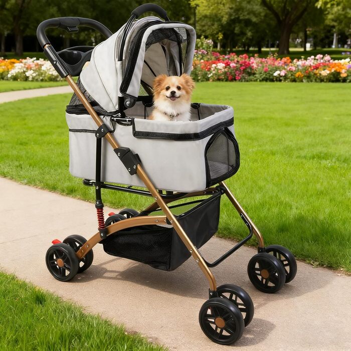 Дитяча коляска для тварин Homewell, сіра, до 20 кг, з відкидним кошиком, сіткою, ременями та тримачем для напоїв