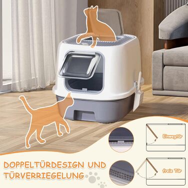 Котячий туалет CALIYO із подвійними дверима та кришкою, великий закритий лоток з висувною шухлядою, антизапах, із совком