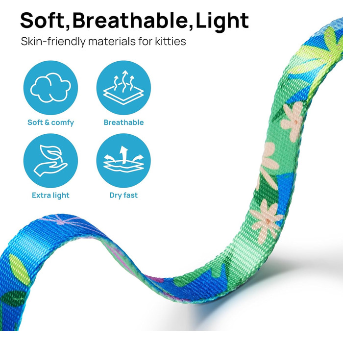Шлейка та поводок для котів PetThem, антивитік, регульована, зручна, м'яка, легка, безпечна, для прогулянок, подорожей, кошенят, для маленьких, середніх та великих котів, колір: Hawaii Green