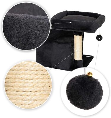 Дряпка для котів Lionto з лежаком та печерею, 50 см, з м'ячиком та дзвіночком, мотузкою з сизалю та плюшем, підходить для котів будь-якого розміру (Чорний)