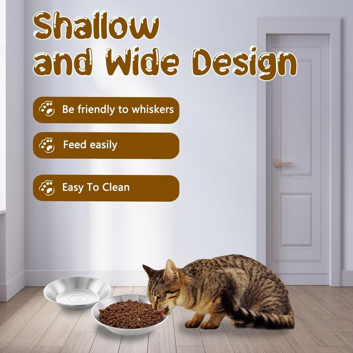 Миски для котів з нержавіючої сталі, 17,3 см, безпечні для вусів, плоскі, для кошенят та дрібних тварин, 2 шт.