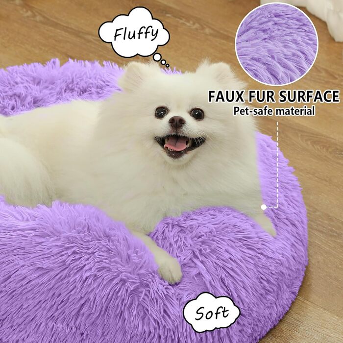 Кругле ліжко-пончик для собак та котів, середнє, з ковдрою, лілакове. Легко миється, м'яке, плюшеве, 61 см (діаметр), ковдра 71x23 см