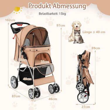 Собачий візок SOARS для тварин до 15 кг, складний, з сітковими віконцями, тримачем для напоїв та кошиком для зберігання, для маленьких тварин (Бежевий)