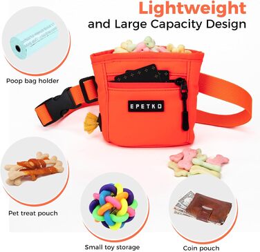 Сумка для ласощів для собак з металевим кліпом на пояс, міцна застібка-магніт, велика місткість, диспенсер для пакетів для вигулу (Помаранчевий)