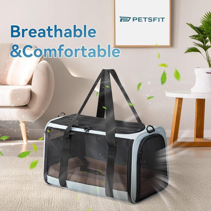 Транспортна сумка Petsfit для котів та собак, складана переноска для собак та котів, дихаюча переноска для собак, авіапереноска для домашніх тварин в авто, літаку або потягу, сірий, зелений колір