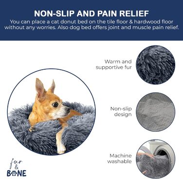 Кругле плюшеве ліжко для собак та котів Fur & Bone, 60 см, темно-сірий, самонагріваючеся, з водонепроникною основою