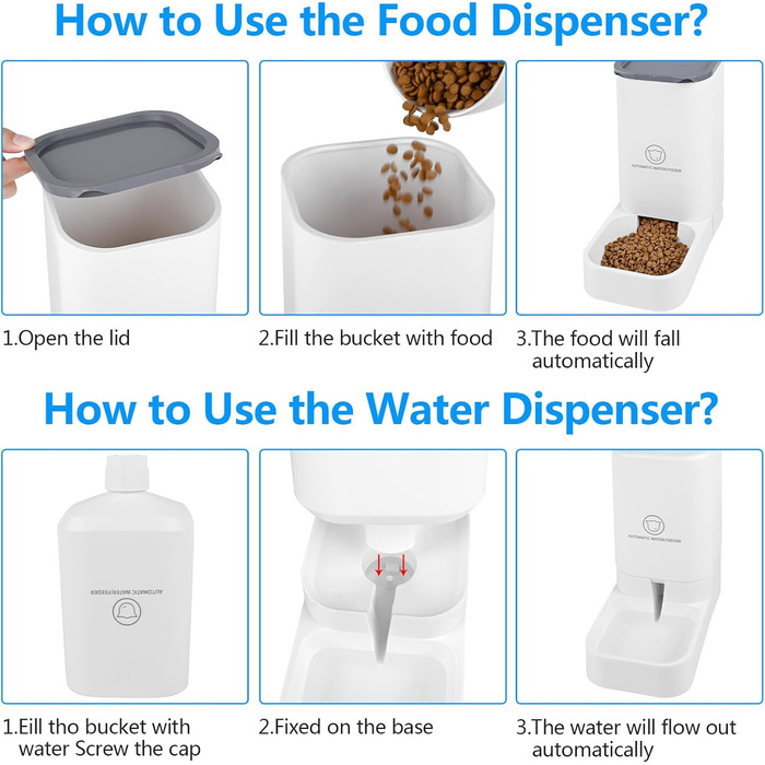 Автоматичний годівниця для котів Dreamhigh® з диспенсером води для собак, 2.1 кг корму та 3.8 л води, без батарейок, BPA Free, для подорожей, білий