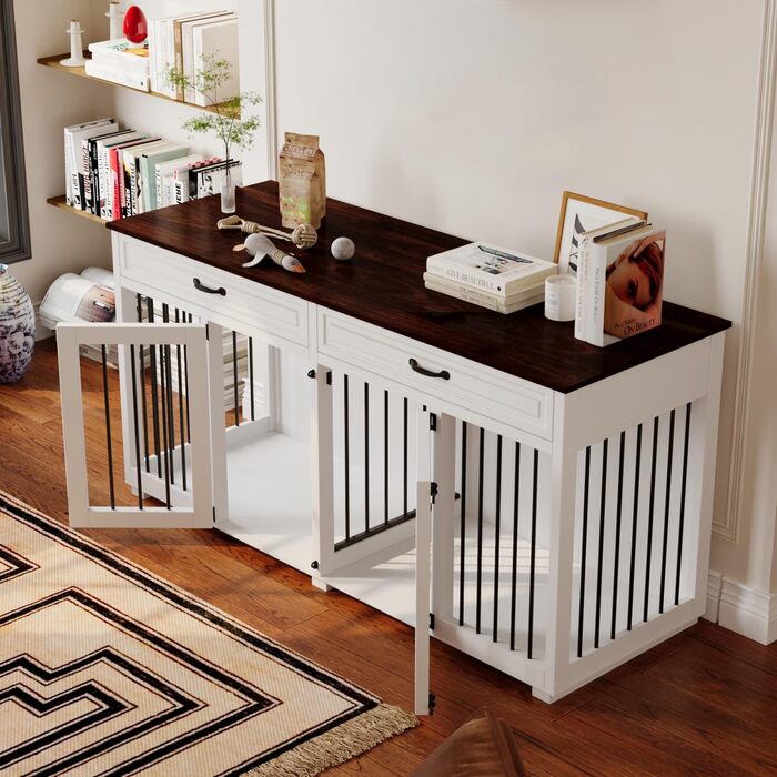 Клітка для собак з 2 ящиками та 2 дверцятами, біла та темно-коричнева, MDF, 160x60x80 см. Підходить для 2 собак