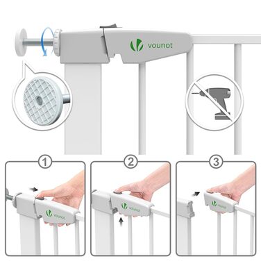 Захист для сходів Vounot без свердління, 75-108 см, для дітей, собак та котів, автоматичне закриття, магнітний замок, 90° фіксація, білий (2x подовжувач)