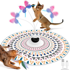 Інтерактивна іграшка для котів Spessn 2-в-1: електрична з пір'ям, інтелектуальна, 3 режими, USB-зарядка (білий котячий візерунок)