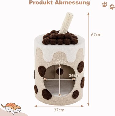 Дряпальня для котів COSTWAY Milktee, кігтеточка з сизалю з іграшками, дряпальний комплекс з будиночком, 37x37x67 см (колір кавовий)